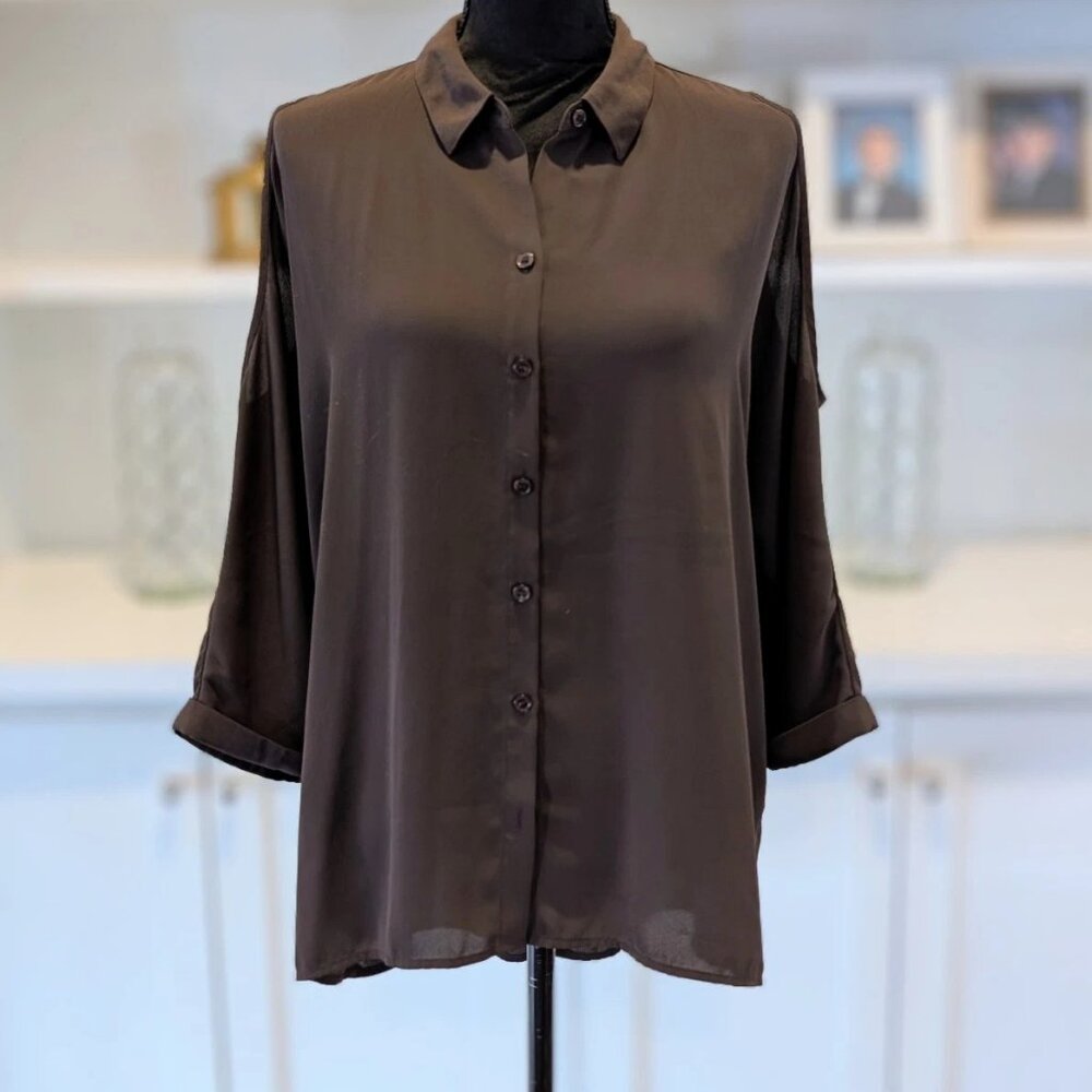 Chico's Brown Cold Shoulder Button Up Down Blouse Size 2 Large Women's Flowy EUC